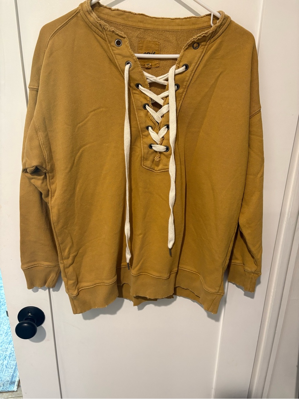 aerie Mustard Lace-Up V-Neck Pullover Sweater